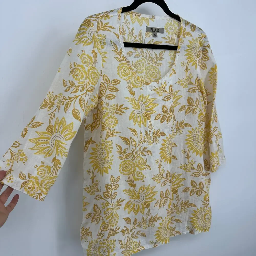 Flax women’s pull over blouse size small yellow flowers long sleeve 100% linen - Picture 2 of 9